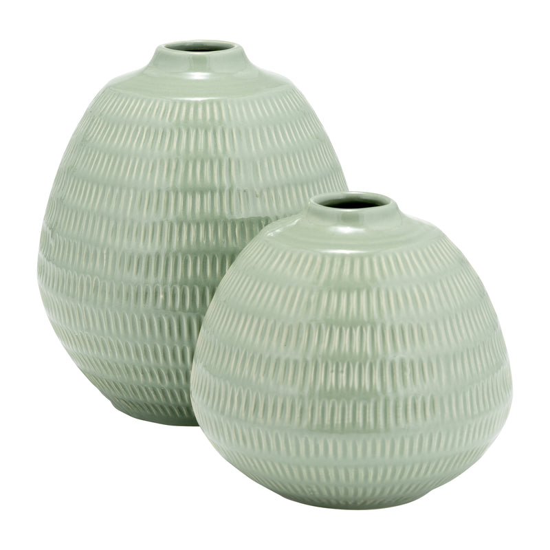 CER,7",STRIPE OVAL VASE,DARK SAGE