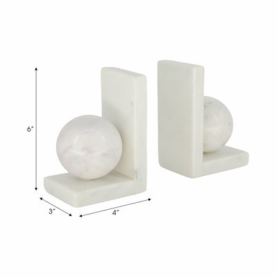 S/2 6" Marble Bookend With 3" Orb, White