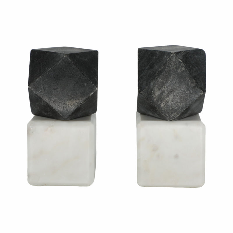 S/2 6" Marble Bookends W/ Black Hex Orb, Black/whi