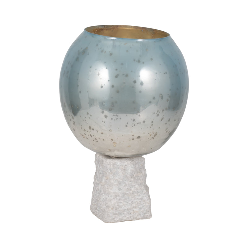 Glass, 15" Bowl Pillar Holder Marble Base, Aqua/wh