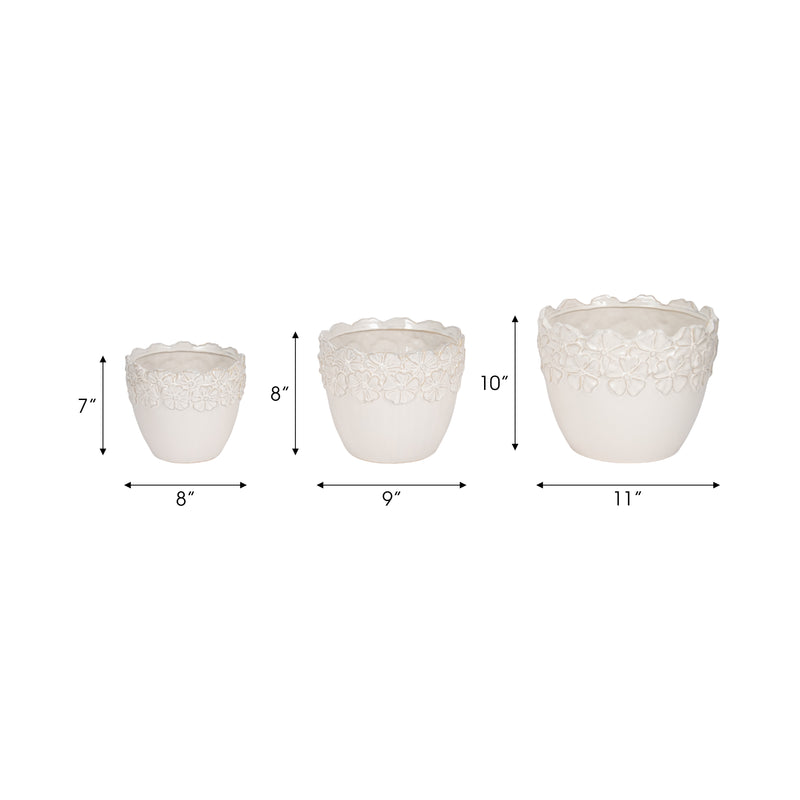 S/3 8/9/11" Floral Crown Planter, Ivory