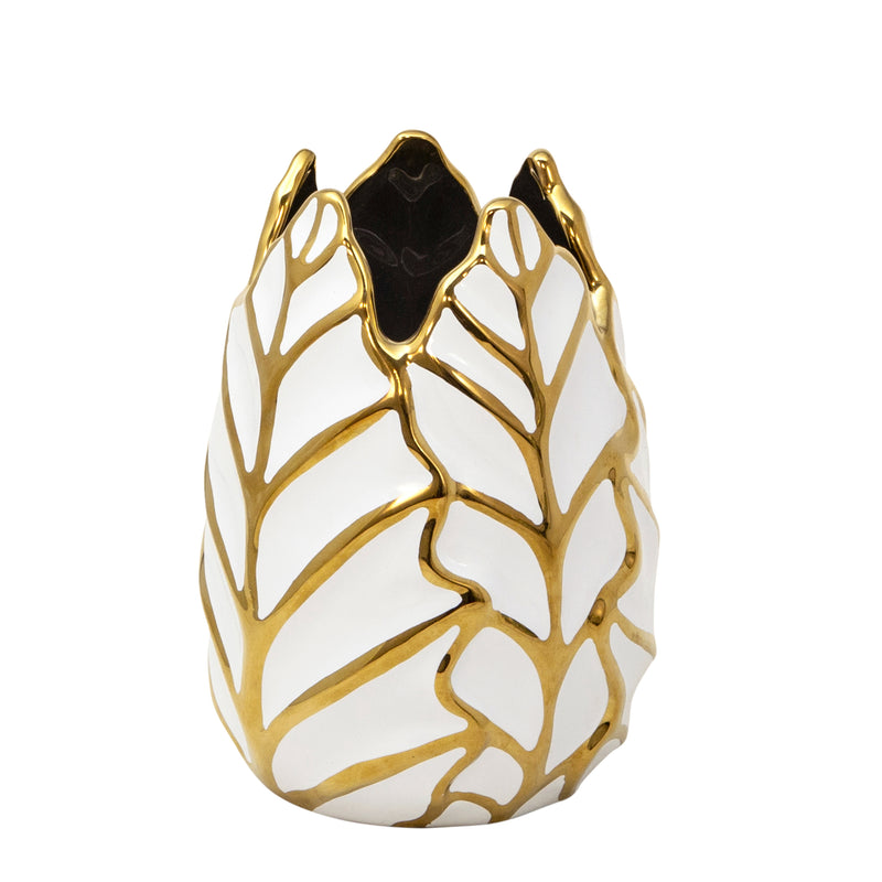 CERAMIC 8" LEAF VASE, WHITE/GOLD