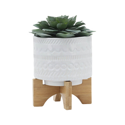 5" TRIBAL PLANTER W/ WOOD STAND, WHITE