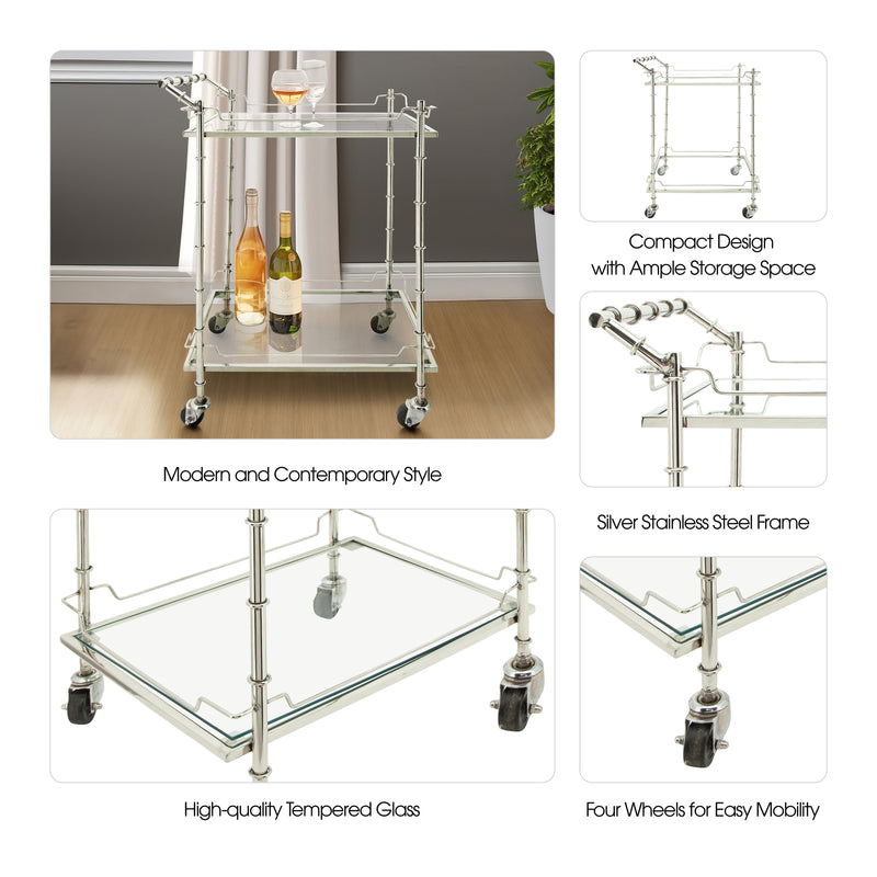 TWO TIER 30"H ROLLING BAR CART, SILVER