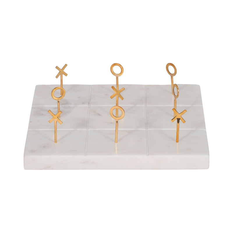 9" Marble Tic-tac-toe With Gold X & O, White/gold