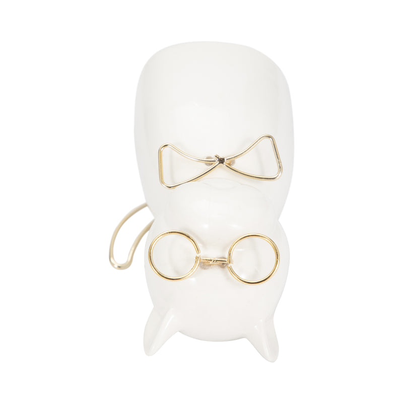 CER 6"H, PUPPY WITH GOLD GLASSES AND BOWTIE, WHT