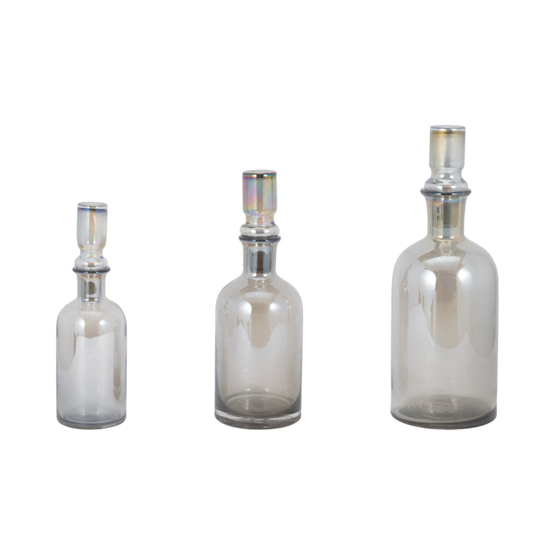 S/3 13/14/16" Callum Gray Glass Bottles, Gray