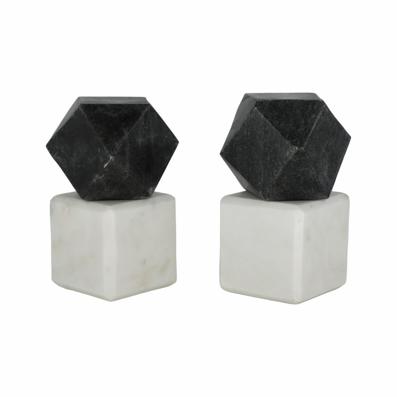 S/2 6" Marble Bookends W/ Black Hex Orb, Black/whi