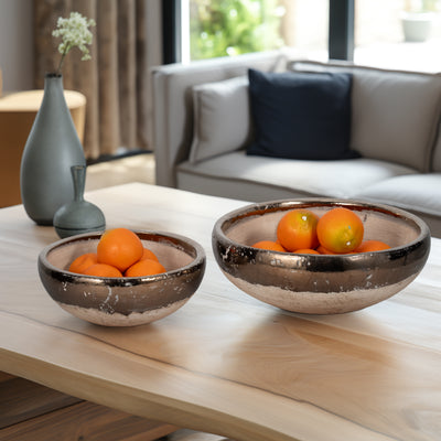 S/2 12/15" Gold Rim Terracotta Bowls, Grey