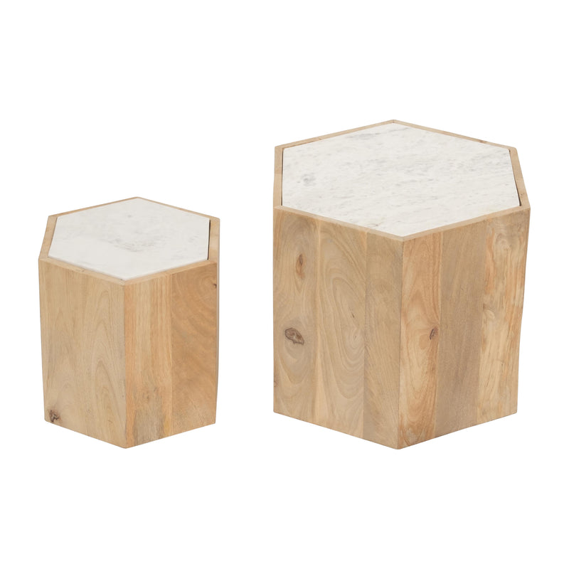 WOOD/MARBLE, S/2 14/20" HEXAGONLA SIDE TABLES, NAT