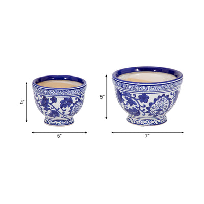 Cer, S/2 5/7" Bowl Chinoiserie Planters, Blue/wht