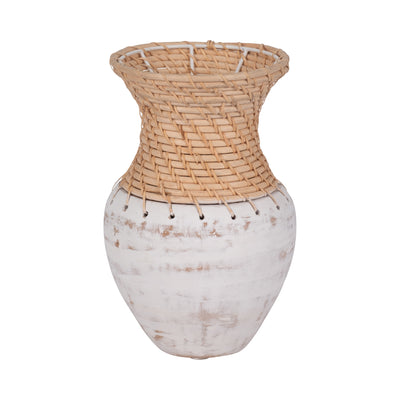 CLAY, 11" VASE WITH WOVEN TOP, WHITE/NATURAL