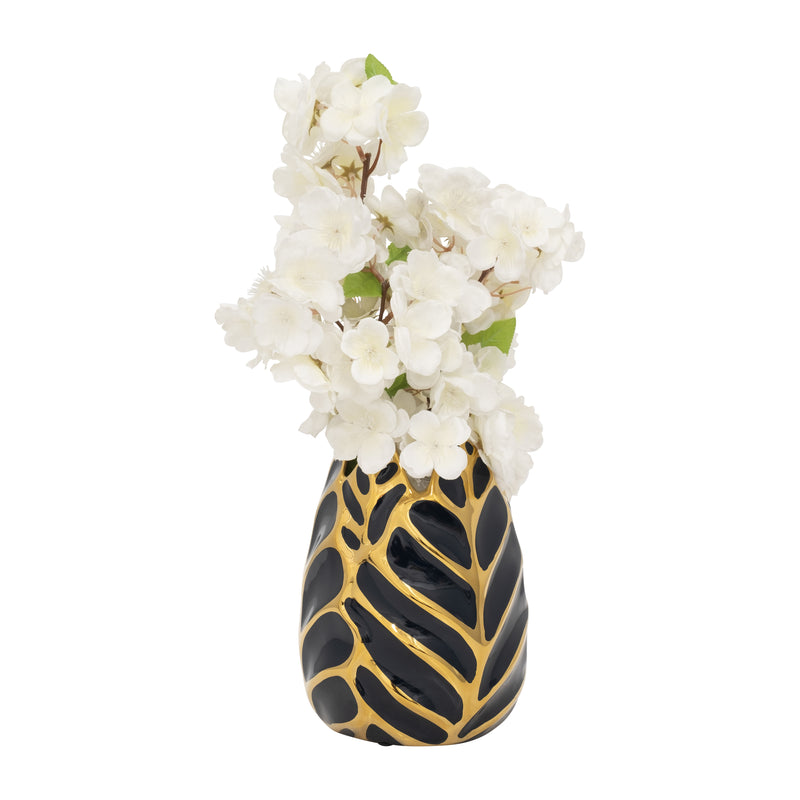 CERAMIC 8" LEAF VASE, DRK NAVY/GOLD