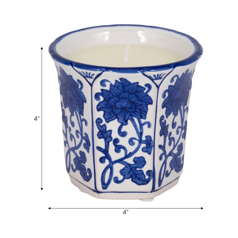 4", 6oz Fluted Chinoiserie Candle , Blue/white