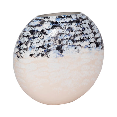 18" Round Metal Vase Arctic Finish, White/blue