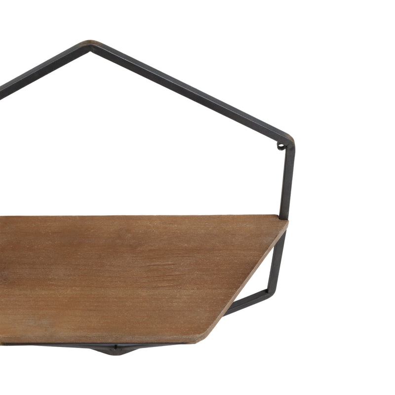 S/2 METAL / WOOD HEXAGON WALL SHELVES, BROWN