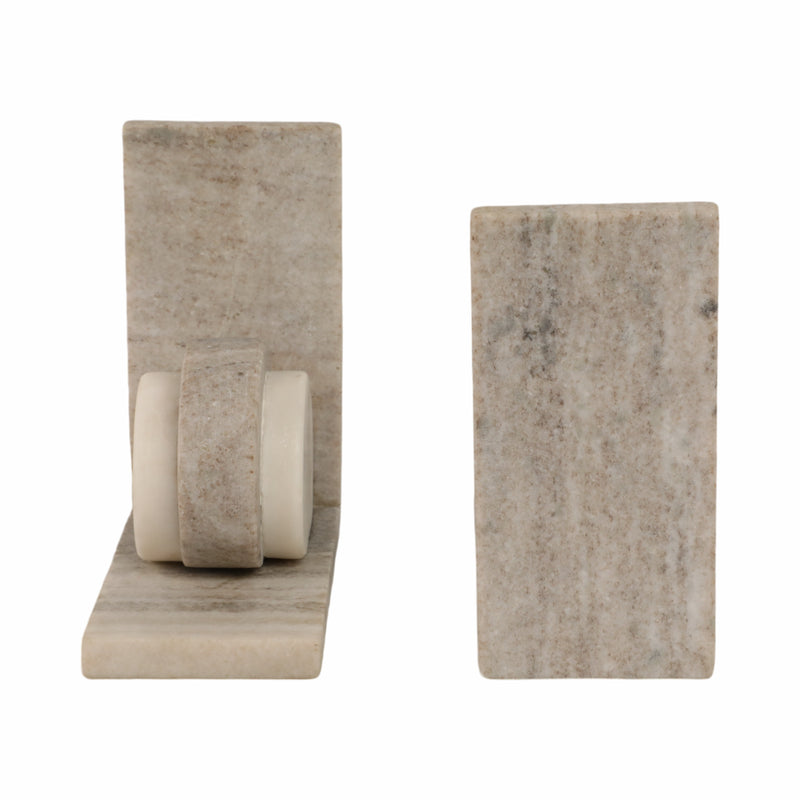 S/2 6" Eared Onyx & White Marble Bookends, Beige