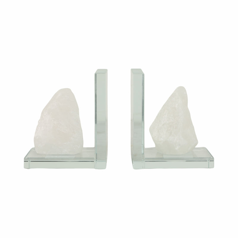 GLASS, S/2 5"H BOOKENDS WITH WHITE STONE, CLEAR