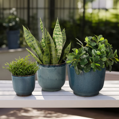 S/3 6/8/10" Reactive Finish Planters, Blue