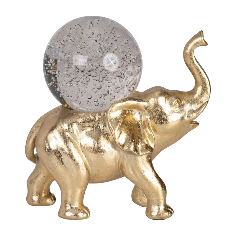 RESIN, 9" ELEPHANT W/ CRYSTAL BALL, GOLD