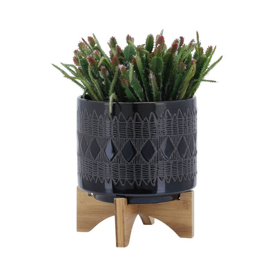 CER, S/2 8/10" AZTEC PLANTER ON WOODEN STAND,BLACK