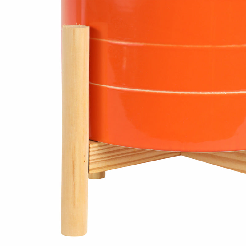 8" STRIPED PLANTER W/ WOOD STAND, ORANGE