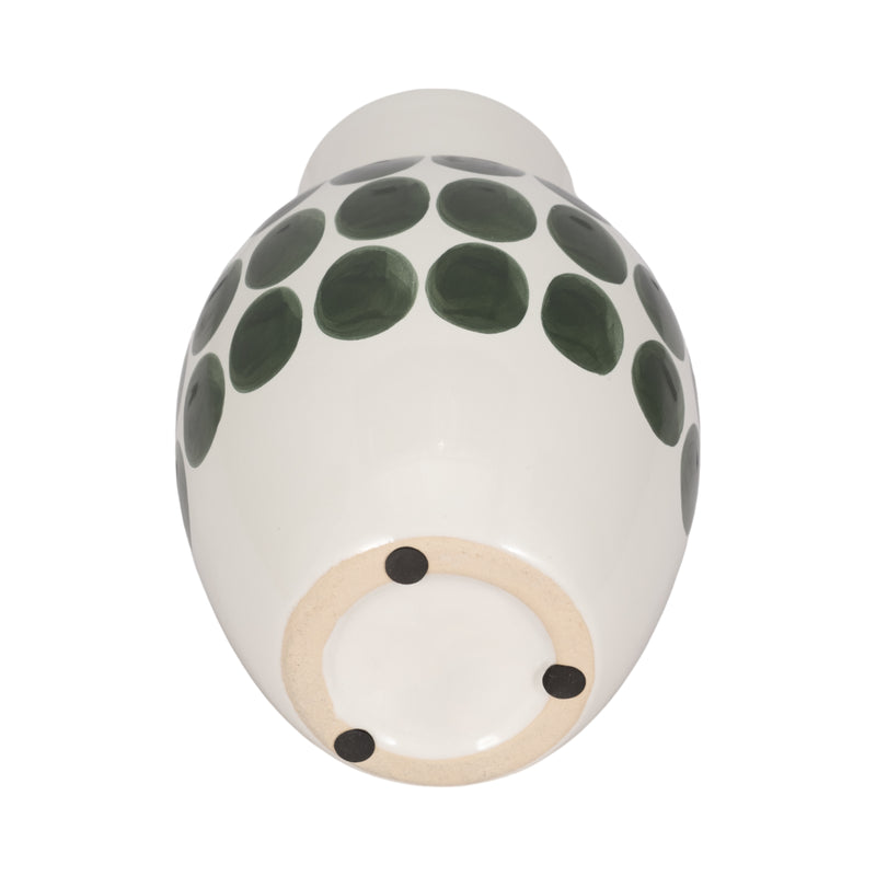 CER, 10"H FOREST GREEN POLK-A-DOT FLOWER VASE,WHT