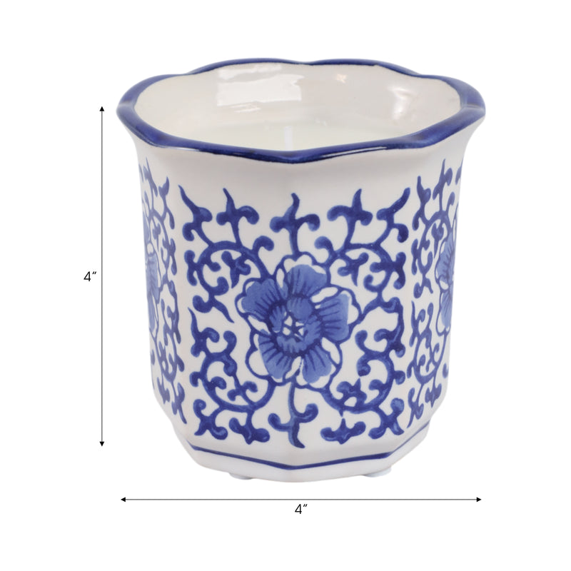 4", 6oz Fluted Chinoiserie Candle , Blue/white