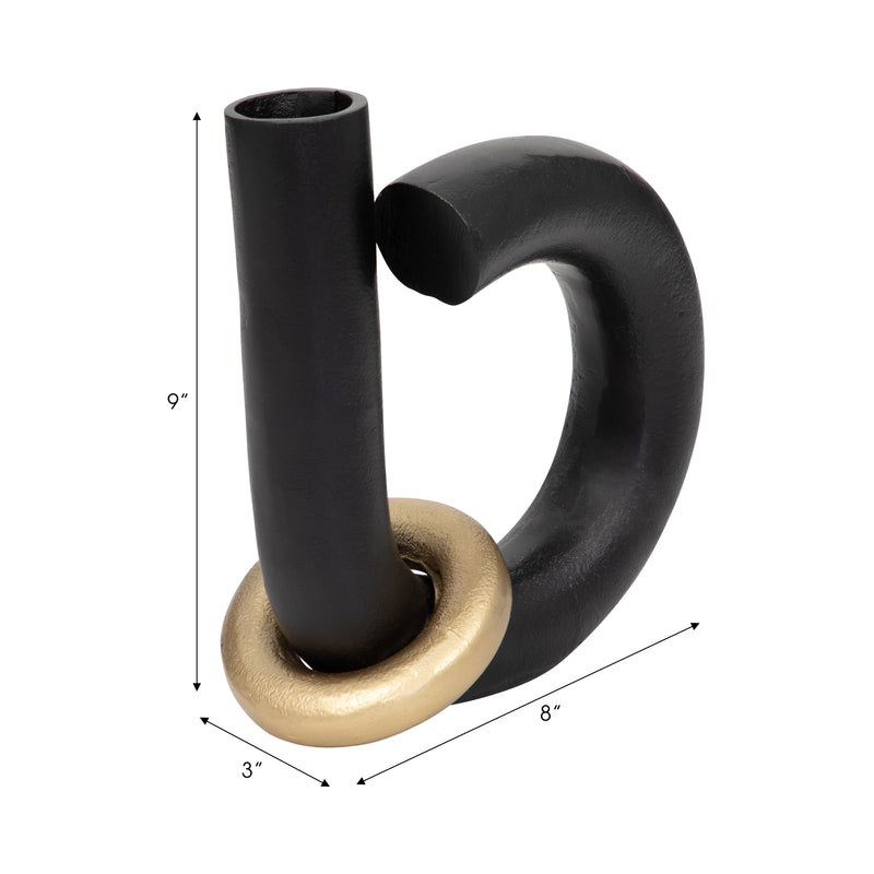 Metal, 9" Loop Vase W/ Gold Ring, Black/gold