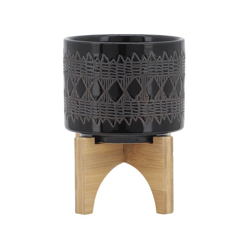 CERAMIC 5" AZTEC PLANTER ON WOODEN STAND, BLACK