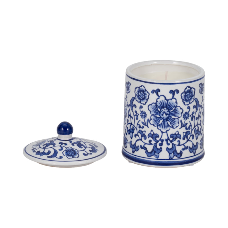 Cer, 6" 8oz Chinoiserie Scntd Candle W/lid,wht/blu