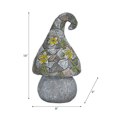 14" Mushroom Statue With Solar Flowers, Grey Multi