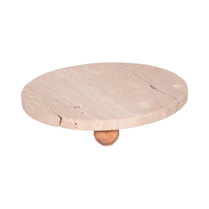 10" Travertine Tray On Wood Ball Feet, Tan