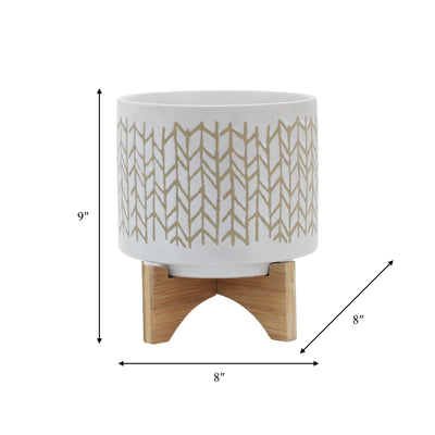 8" CHEVRON PLANTER W/ WOOD STAND, BEIGE