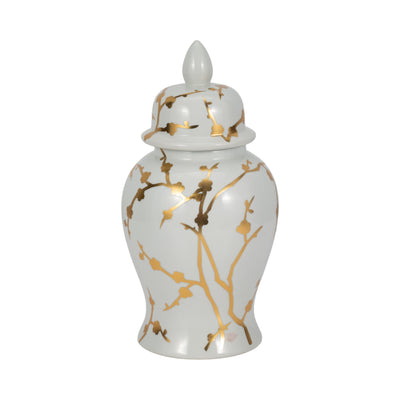 14" Gold Cherry Blossom Temple Jar, White