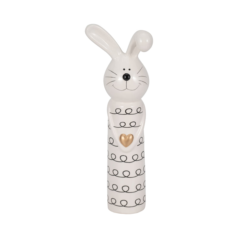 12" Squiggly Bunny With Gold Heart, White/black