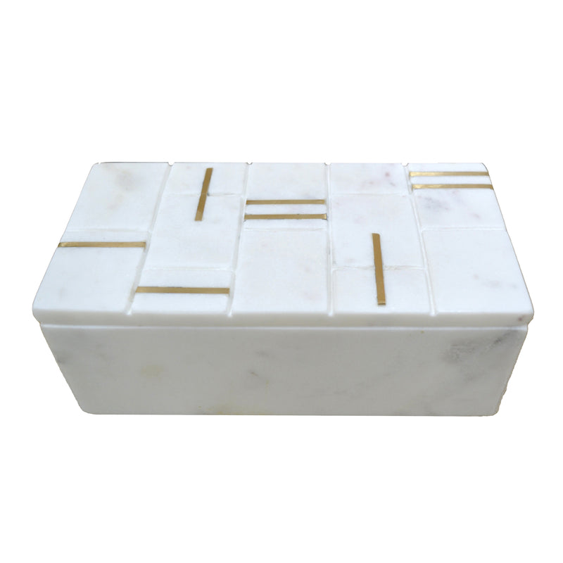 8" White Marble Box With Brass Inlay, White/gold