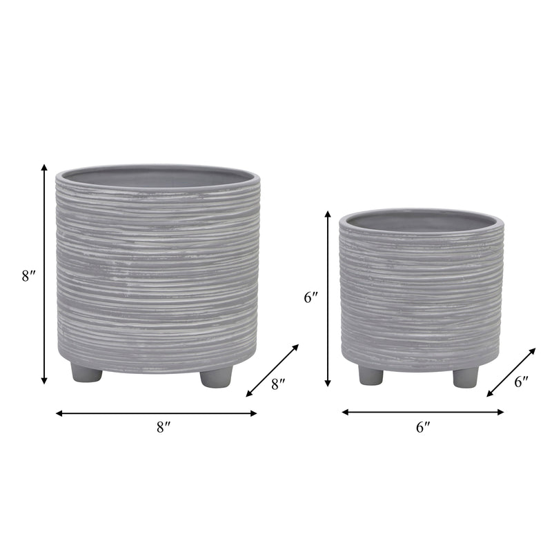 S/2  FOOTED PLANTER W/ LINES 6/8", GRAY