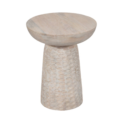 20" Hammered Base Wood Accent Table, White Wash