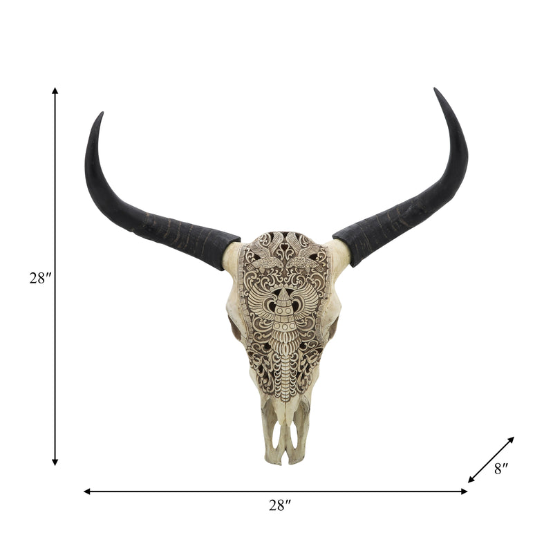 RESIN, 28" BULL SKULL WALL ACCENT, IVORY/BLACK KD