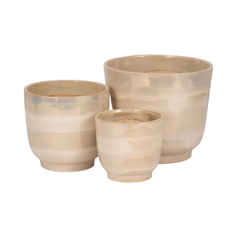 S/3 6/8/10" Reactive Luster Planters, Ivory