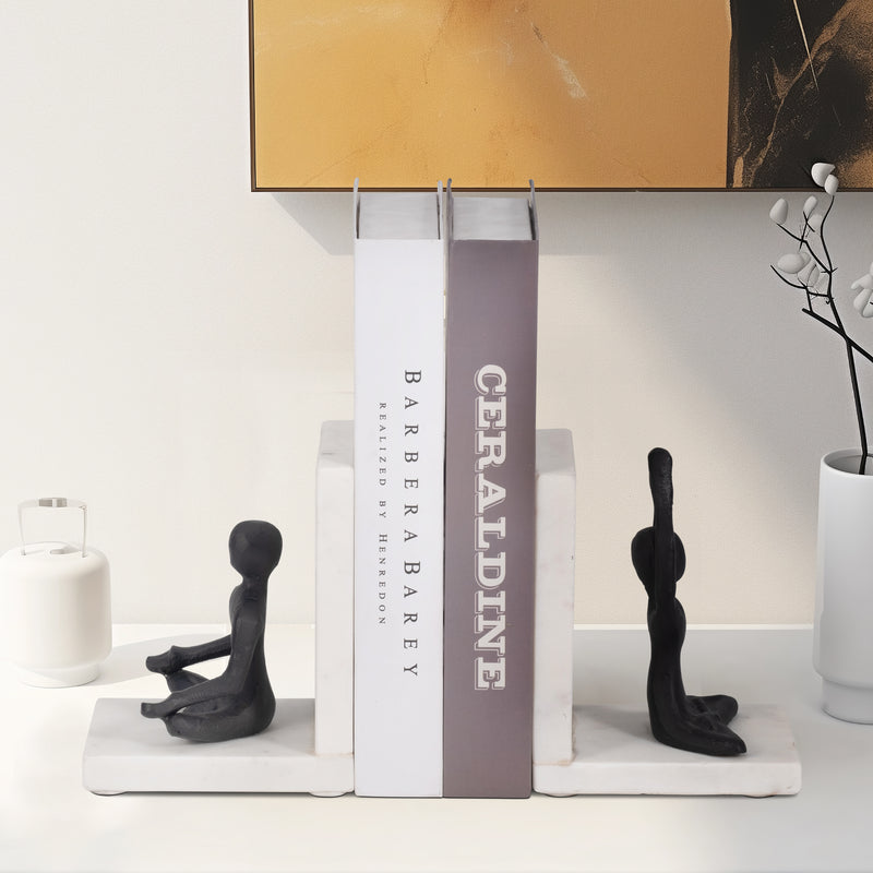 Metal, S/2 6" Yoga Ladies Bookends On Marble, Blk/