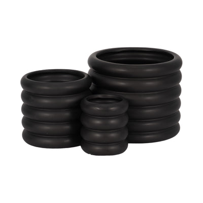 S/3 4/6/7" Stacked Rings Planters, Black