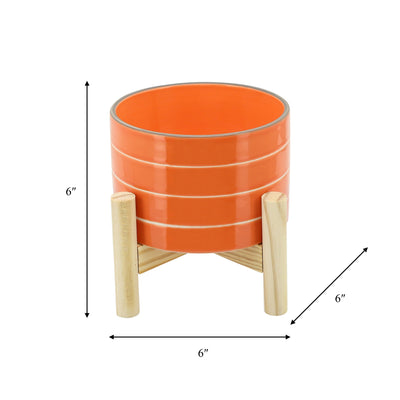 6" STRIPED PLANTER W/ WOOD STAND, ORANGE