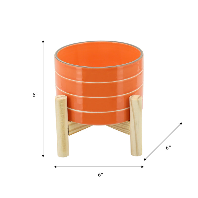 6" STRIPED PLANTER W/ WOOD STAND, ORANGE