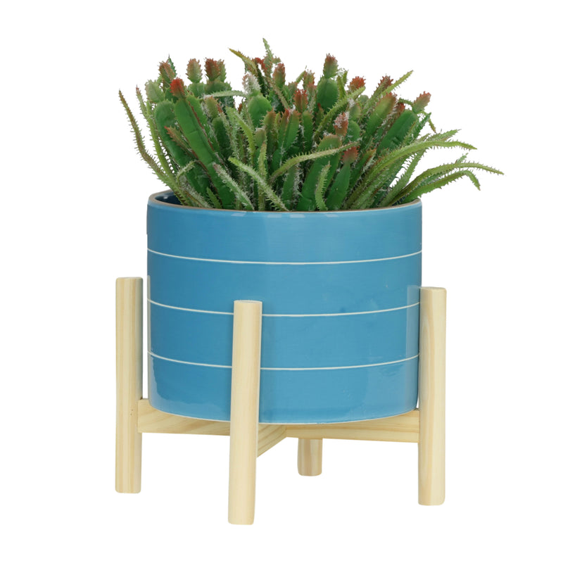 8" STRIPED PLANTER W/ WOOD STAND, SKYBLUE