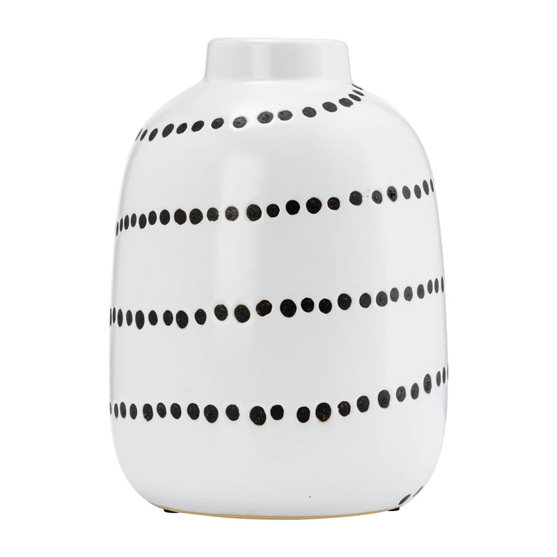 CER, 9"H SPIRAL DOT FLOWER VASE, WHITE/BLACK