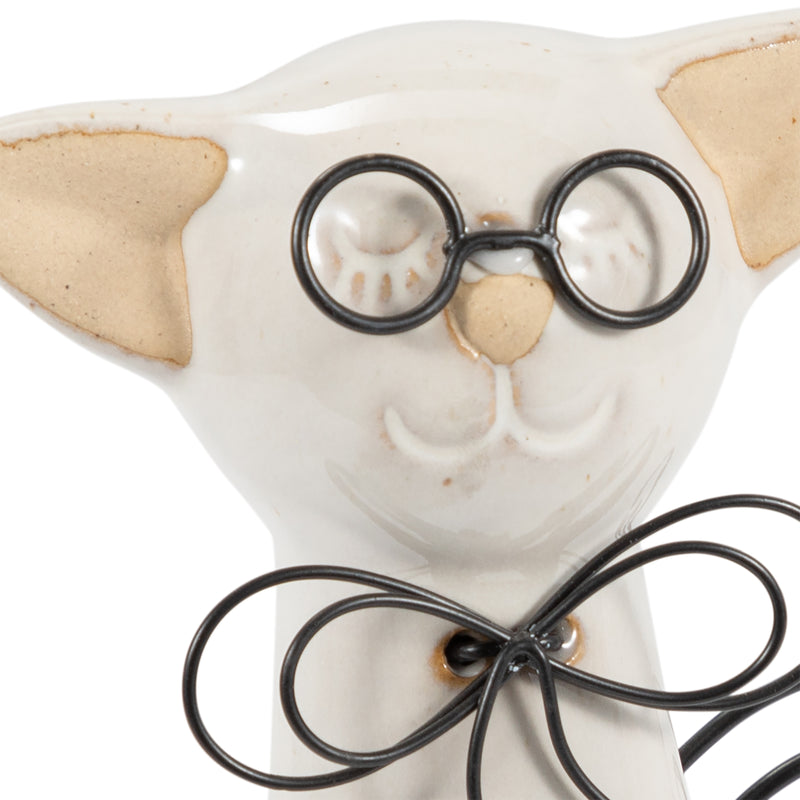 CER, 8"H CAT W/ GLASSES, BEIGE