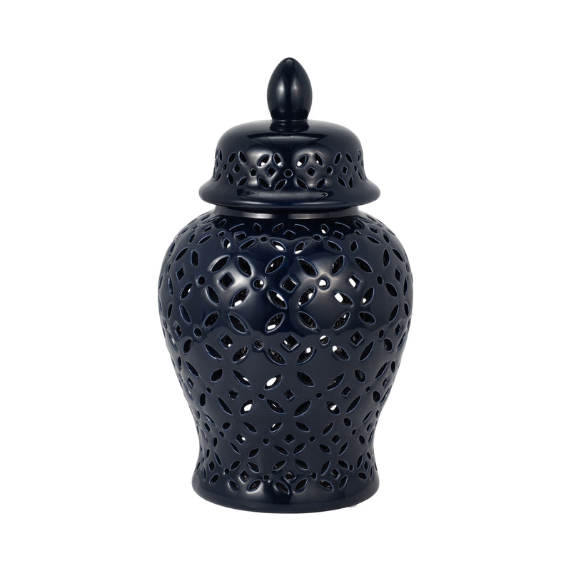 17" CUT-OUT DAISIES TEMPLE JAR, NAVY BLUE