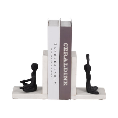 Metal, S/2 6" Yoga Ladies Bookends On Marble, Blk/